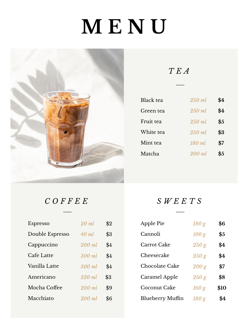 Coffee Drinks With Milk In Glass Menu 8.5x11in Πρότυπο σχεδίασης