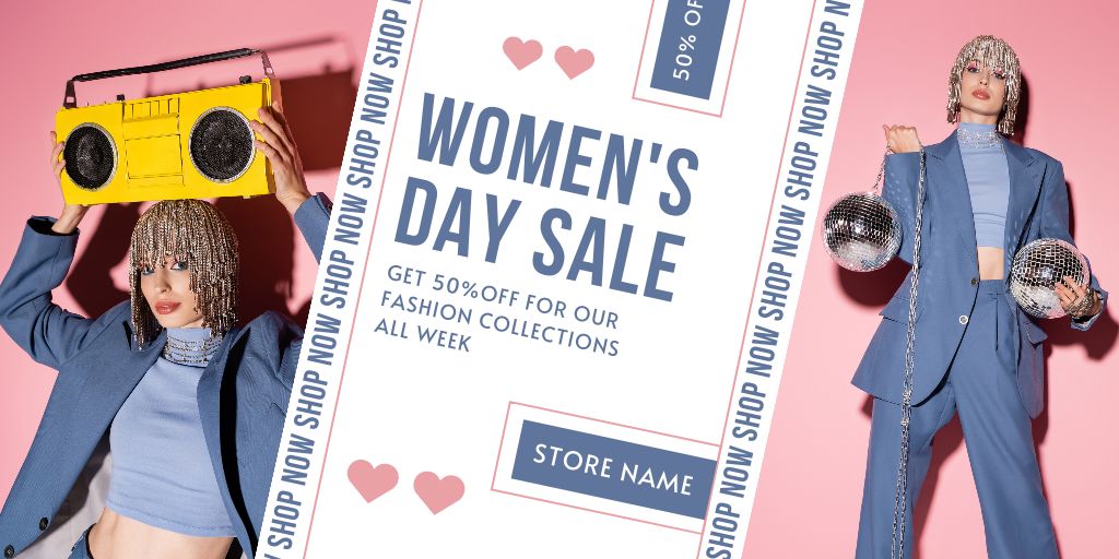Women's Day Sale Announcement with Woman in Party Outfit Twitter Design Template