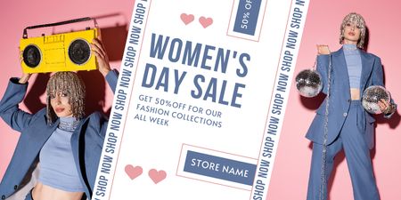 Szablon projektu Ogłoszenie sprzedaży z okazji Dnia Kobiet z kobietą w stroju imprezowym Twitter
