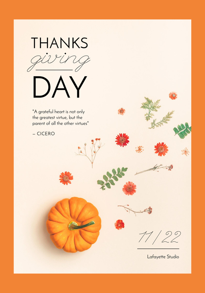 Thanksgiving Holiday Feast with Orange Pumpkin and Cute Flowers Poster 28x40in Design Template