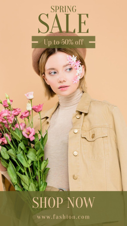 Ontwerpsjabloon van Instagram Story van Spring Offer with Girl with Flowers