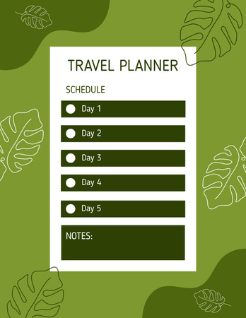 Travel Planner with Leaves Illustration on Green Notepad 8.5x11in Design Template