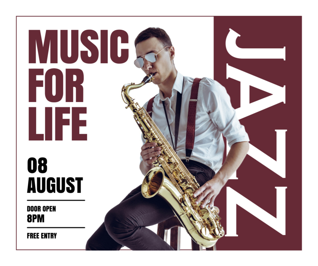 Young Man Playing Jazz on Saxophone Facebook tervezősablon