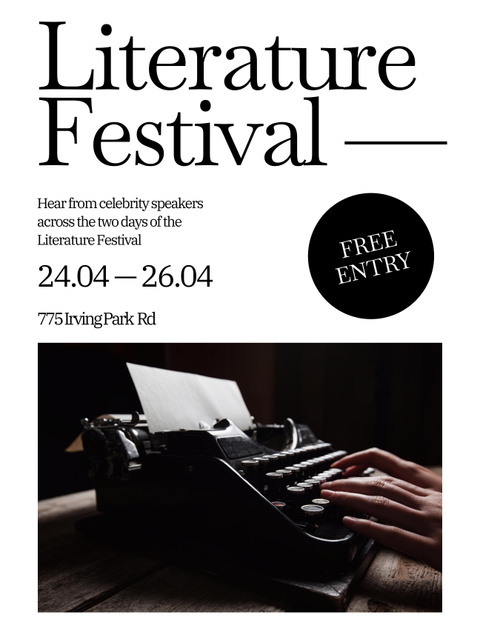Literature Festival Announcement with Retro Typewriter Poster 36x48in Πρότυπο σχεδίασης
