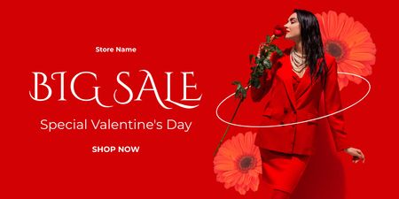 Plantilla de diseño de Anuncio de venta de San Valentín con mujer atractiva sosteniendo flor roja Twitter 