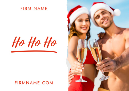 Young Couple in Santa Claus Hats Showing Glasses of Champagne Card – шаблон для дизайна