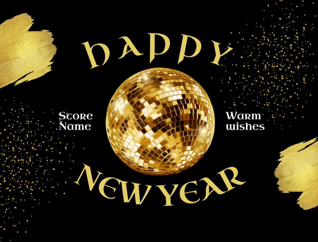 New Year Holiday Greeting with Golden Disco Ball Postcard 4.2x5.5in – шаблон для дизайна