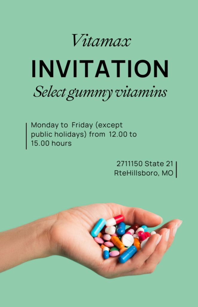 Designvorlage Colorful Pills For Immune System Offer In Green für Invitation 5.5x8.5in