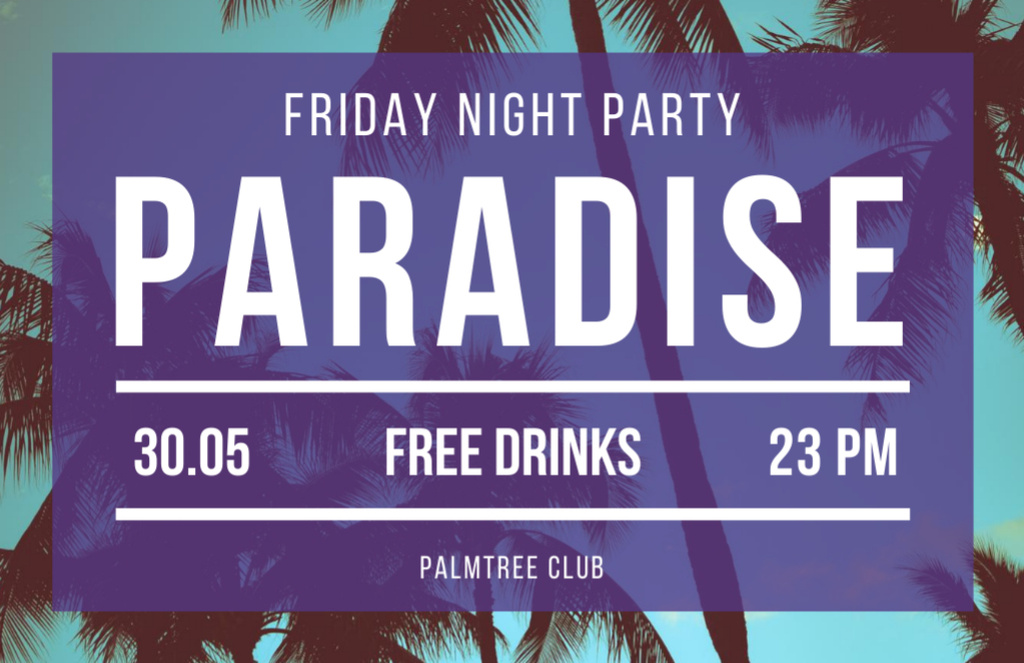 Friday Night Party Announcement In Palm Tree Club With Free Drinks Flyer 5.5x8.5in Horizontal Šablona návrhu