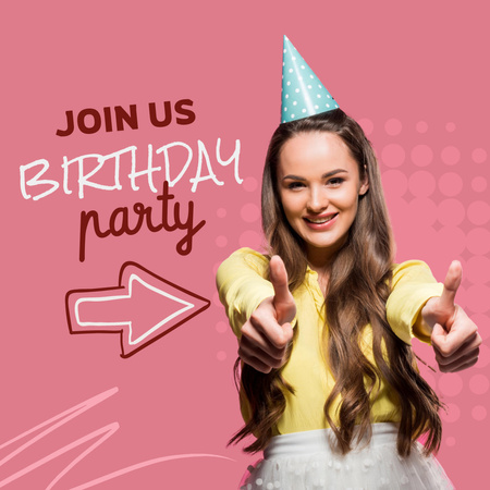 Birthday Party Announcement with Happy Young Woman Instagram Design Template