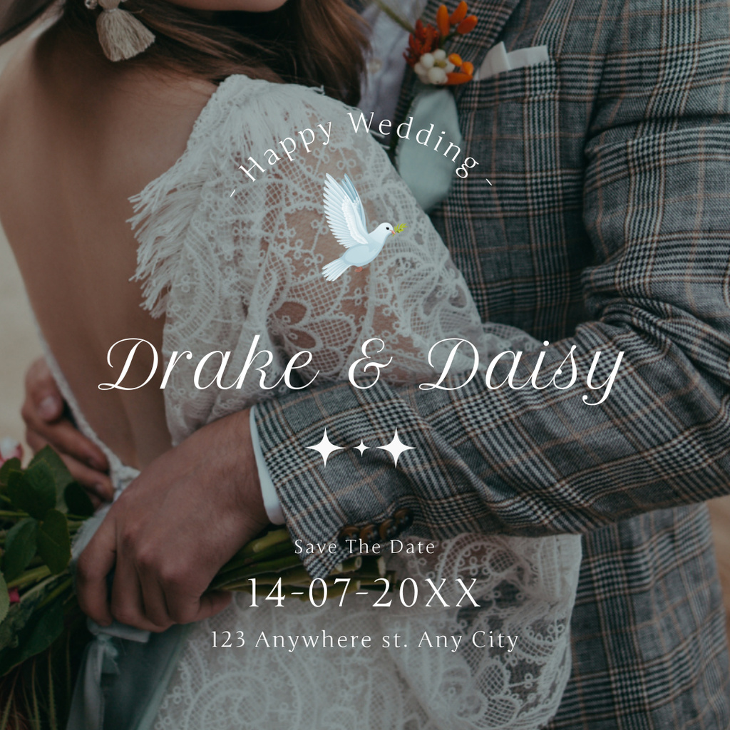 Wedding Invitation with Newlyweds on Background Instagram Tasarım Şablonu