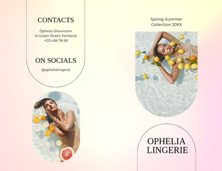 Plantilla de diseño de Anuncio de lencería con hermosa mujer joven en la piscina con limones Brochure 8.5x11in Bi-fold 