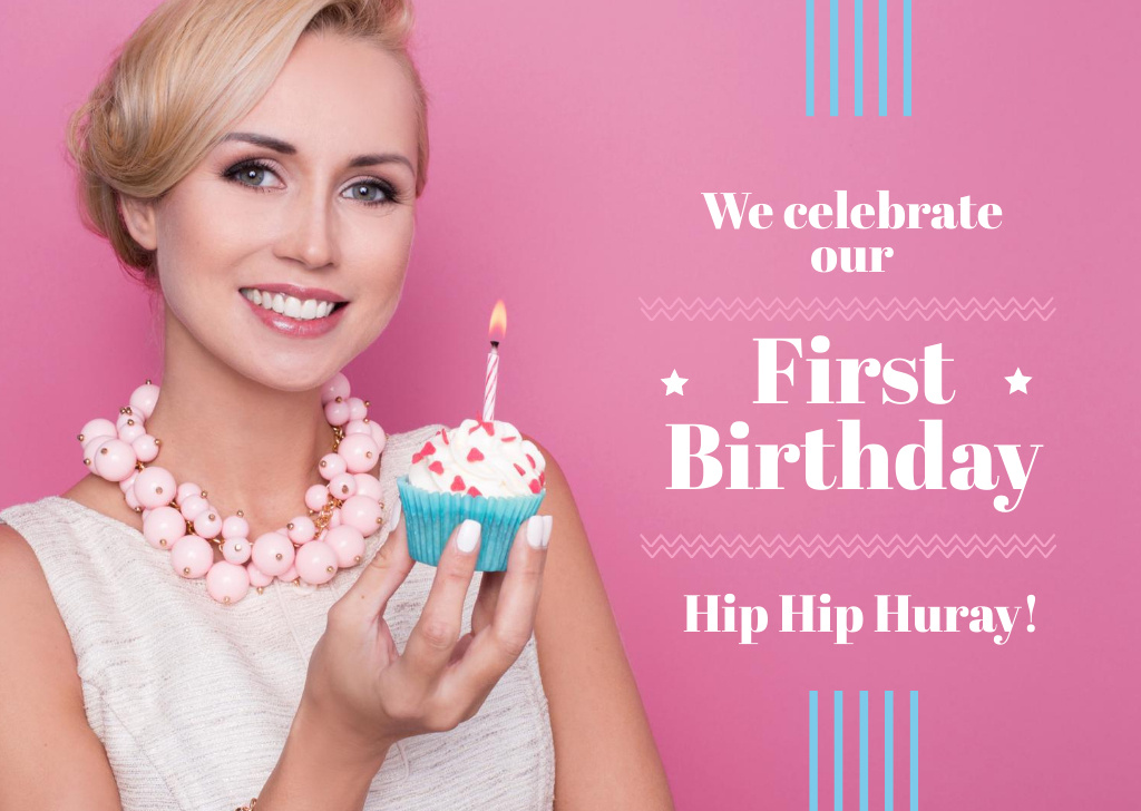 Modèle de visuel First birthday invitation card on pink - Card