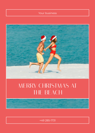Young Couple in Christmas Santa Hats Running at Sea Beach Postcard 5x7in Vertical Design Template