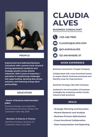 Üzleti tanácsadásban szerzett készségek és tapasztalat nő fényképével Resume tervezősablon