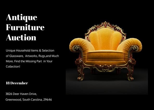 Designvorlage Antique Furniture Auction with Luxury Yellow Armchair für Postcard