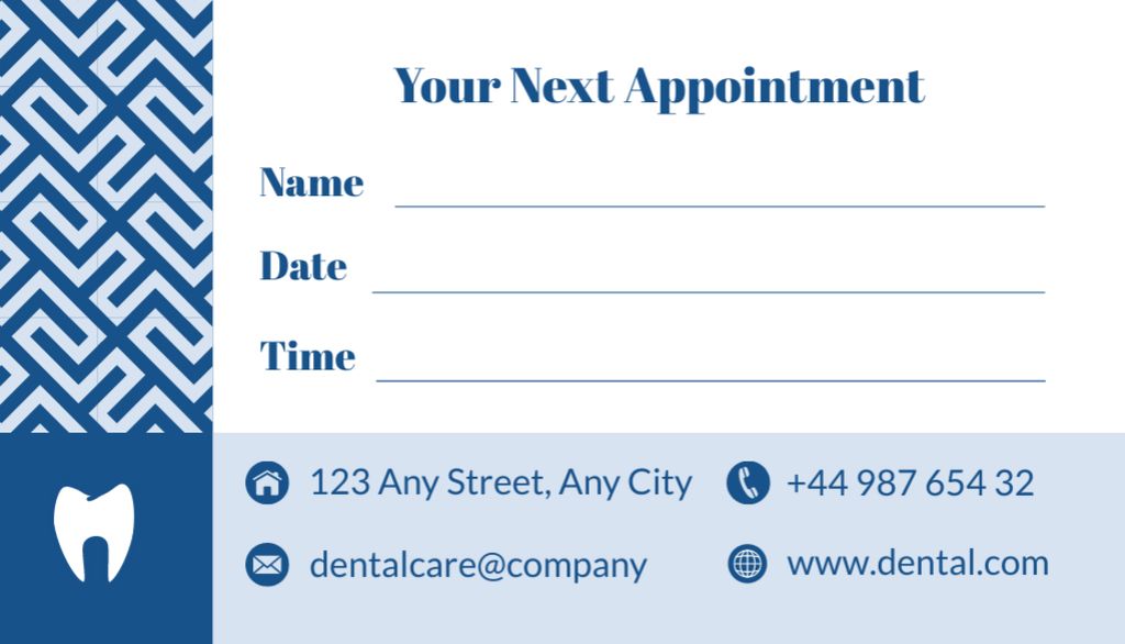 Reminder of Visit to Pediatric Dentist on Blue Layout Business Card US Design Template