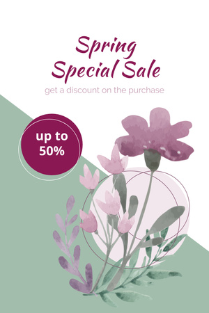 Spring Special Sale Announcement with Girl with Bouquet of Flowers Pinterest Design Template