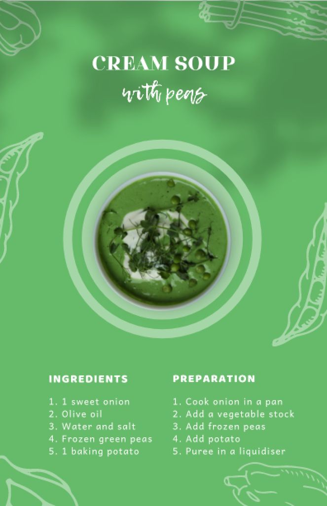 Platilla de diseño Cream Soup with Peas in Bowl Recipe Card