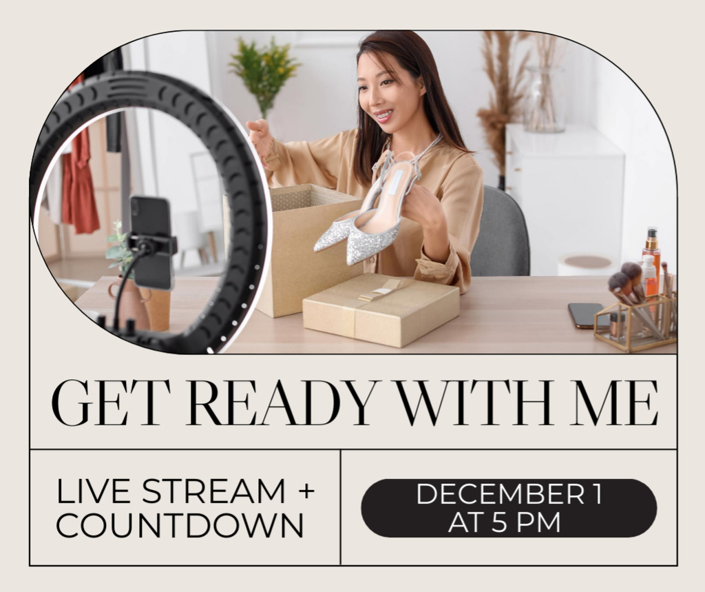 Live Stream Ad with Woman unpacking Stylish Shoes Facebook Design Template