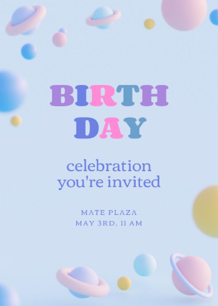Birthday Party Celebration Announcement with Planets on Pastel Invitation Tasarım Şablonu