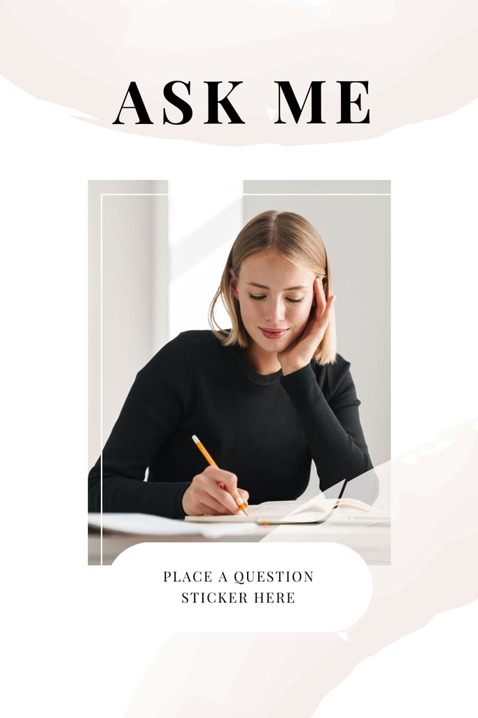 Question Form with Attractive Woman in white Pinterest tervezősablon