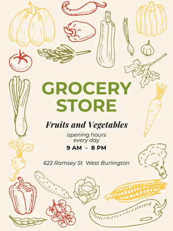 Designvorlage Täglich geöffneter Supermarkt mit Obst und Gemüse für Poster US