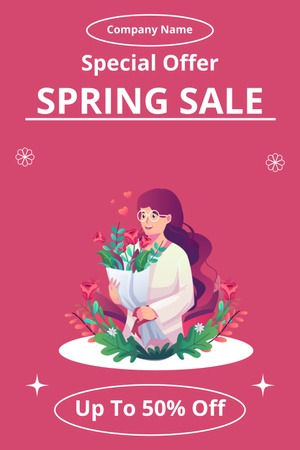 Spring Sale Special Offer with Woman with Flowers Pinterest Design Template