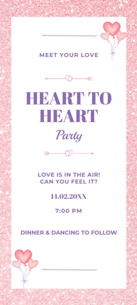 Party For Meeting Love And Acquaintances with Pink Hearts Invitation 9.5x21cm Šablona návrhu