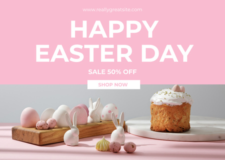 Plantilla de diseño de Anuncio de venta de Pascua con huevos de Pascua en tablero de madera con conejos decorativos Card 