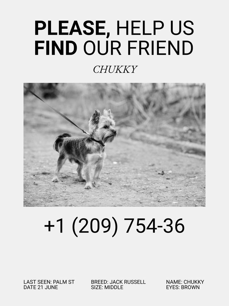 Black and White Photo of Missing Dog Poster 36x48in Design Template