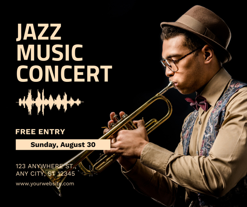Jazz Music Concert Ad with Saxophonist Facebook Tasarım Şablonu