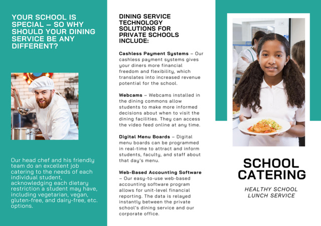 Ontwerpsjabloon van Brochure Din Large Z-fold van Healthy School Food Ad with Schoolgirl in Canteen