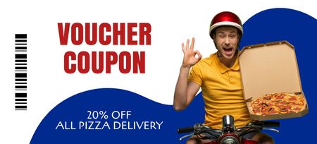 Discount Offer for Pizza Delivery with Cheerful Courier Coupon 3.75x8.25in Design Template