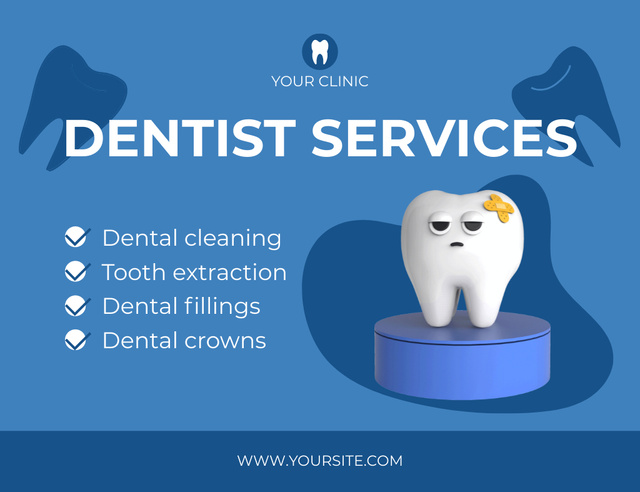 Dentist Services Offer with 3d Illustration of Tooth Thank You Card 5.5x4in Horizontalデザインテンプレート
