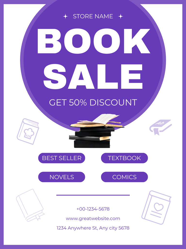 Books Discount Ad on Purple Poster USデザインテンプレート