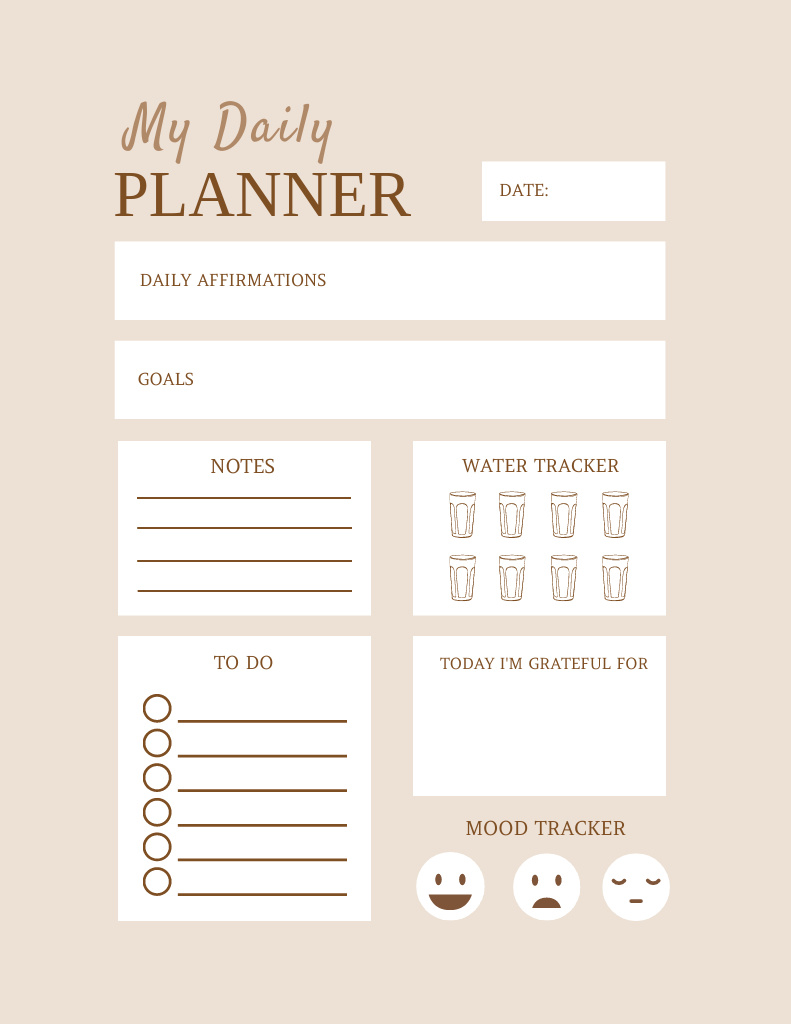 Personal Daily Planner with Emoticons in Beige Notepad 8.5x11in tervezősablon