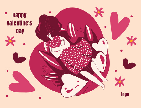 Happy Valentine's Day Greeting with Cartoon Woman and Hearts Thank You Card 5.5x4in Horizontal Design Template
