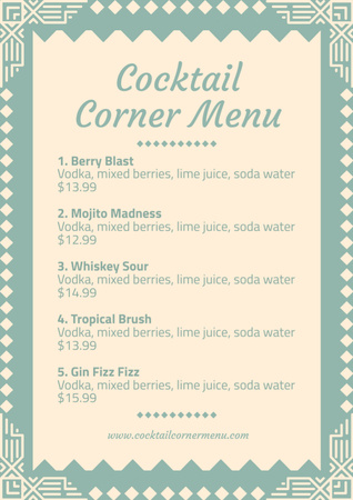Cocktails Assortment on Blue and Beige Menu Design Template