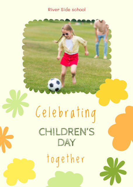 Plantilla de diseño de Children's Day Celebration With Girl Playing Football Postcard A6 Vertical 