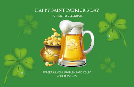 Patrick's Day with Glass of Beer and Pot of Gold in Green Thank You Card 5.5x8.5in Design Template