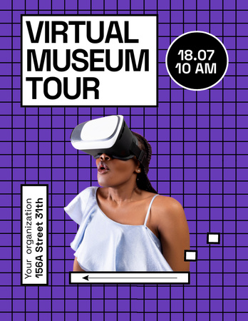 Plantilla de diseño de Exploración de museos en línea en color morado con auriculares Poster 8.5x11in 