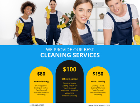 Designvorlage Cleaning Services Offers List with Smiling Team für Flyer 8.5x11in Horizontal
