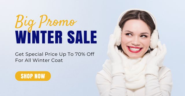 Template di design Big Winter Sale Promo with Young Woman in Fur Headphones Facebook AD