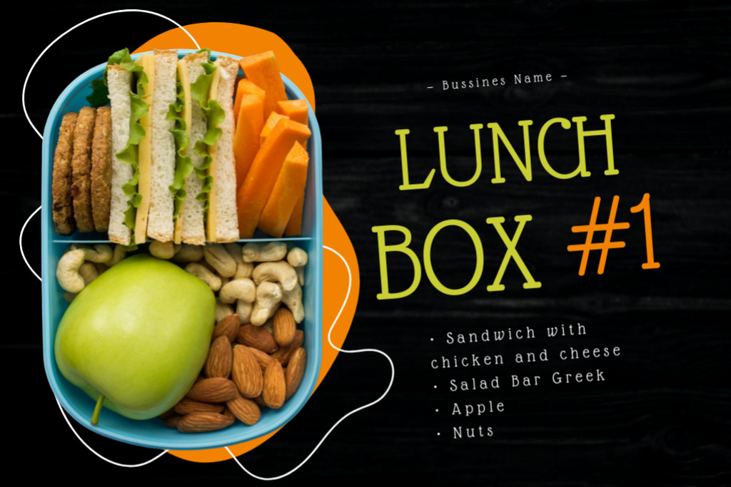 School Food Ad with Apple in Lunch Box Label Tasarım Şablonu