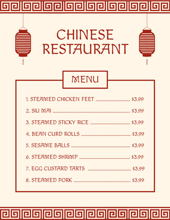 Plantilla de diseño de Lista de comidas tradicionales chinas Menu 8.5x11in 