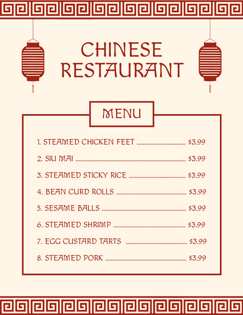 List of Traditional Chinese Foods Menu 8.5x11in Design Template