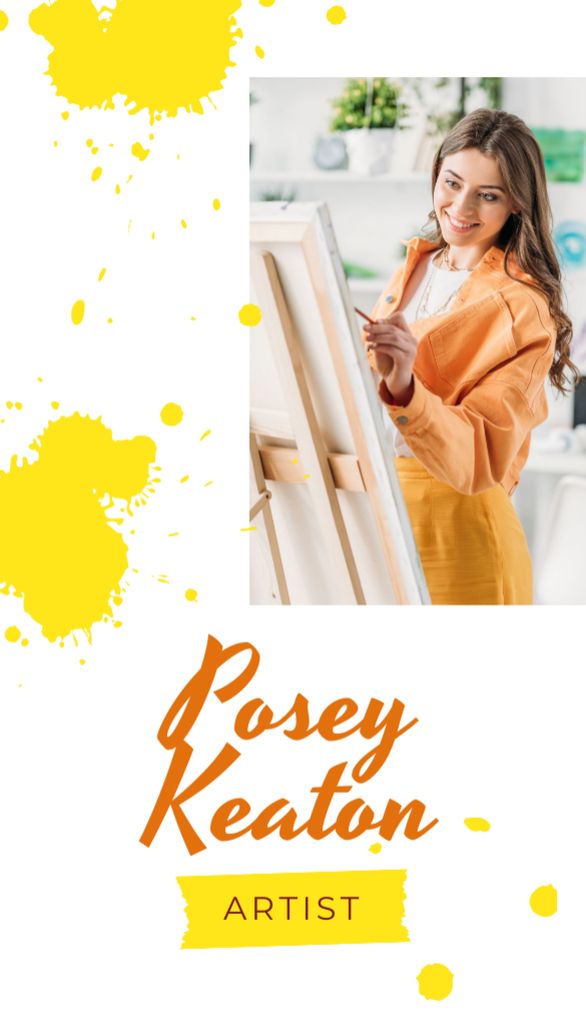 Plantilla de diseño de Art Lessons Ad with Woman Painting by Easel Business Card US Vertical 