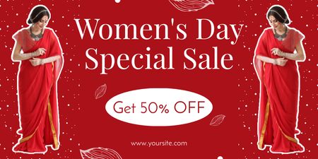Women's Day Sale Announcement with Woman in Ethnic Costume Twitter Design Template
