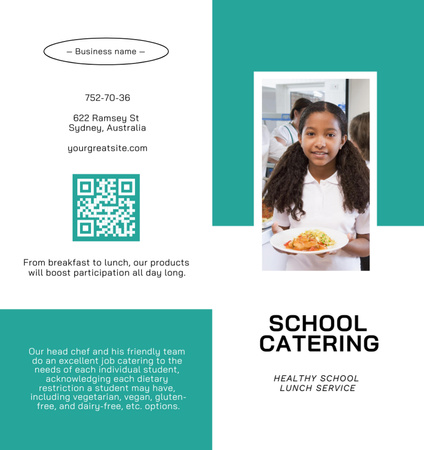 Template di design Annuncio soddisfacente del servizio di ristorazione scolastica con una studentessa in mensa Brochure Din Large Bi-fold
